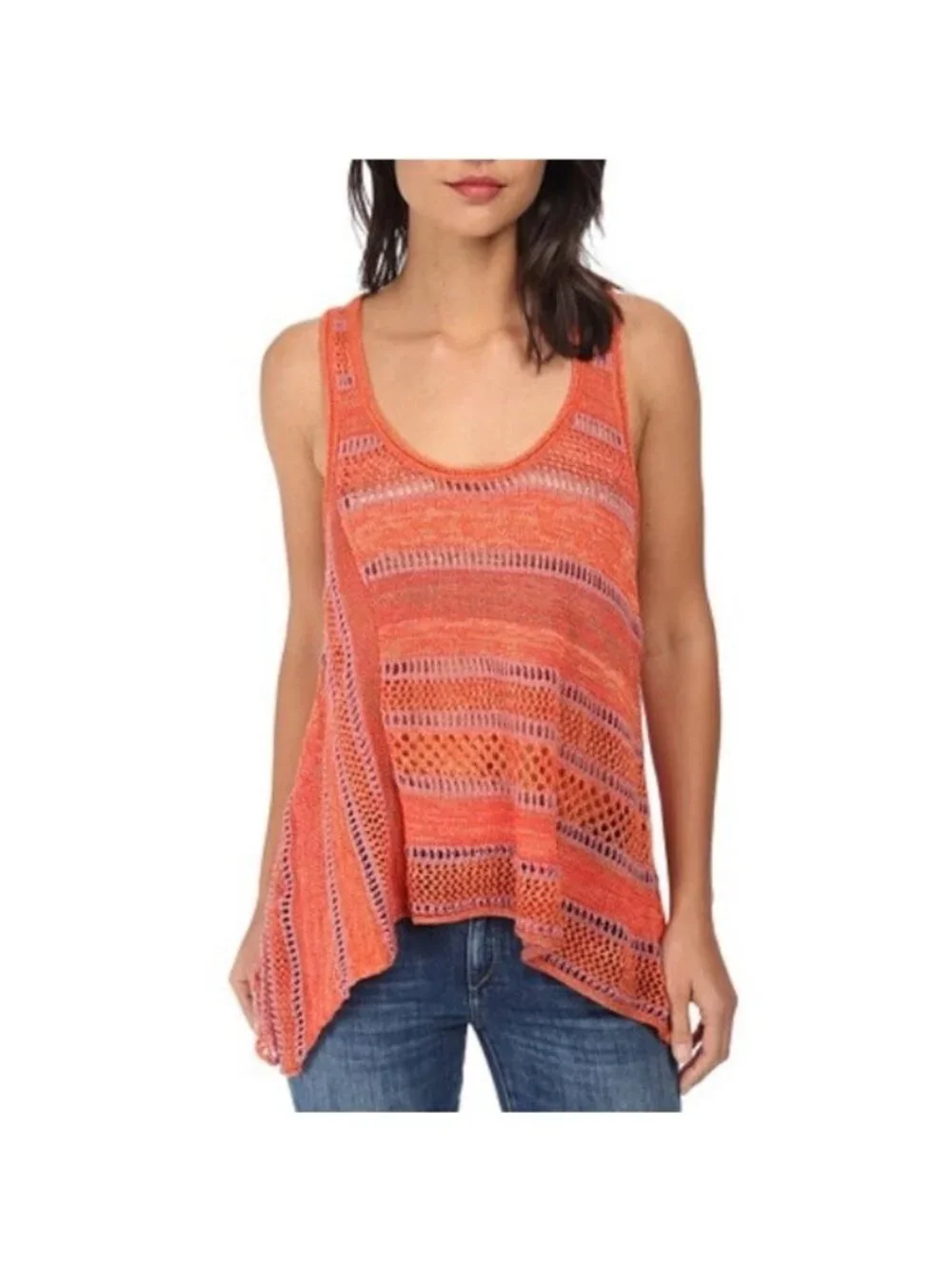 Free People Sweater Women Medium Lovebird Orange Tank Combo Crochet Sleeveless